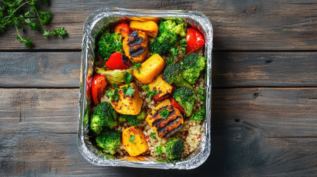A foil food box with a lid, containing a freshly packed takeaway meal of grilled vegetables and quinoa, ready to go.の素材