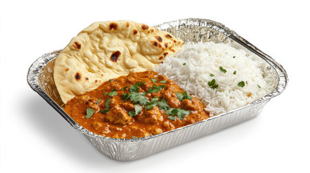 A foil food box with a rich curry dish, rice, and naan bread, served as a takeaway meal for lunch or dinner.の素材
