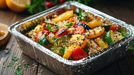 A foil food box with a lid, containing a freshly packed takeaway meal of grilled vegetables and quinoa, ready to go.の素材