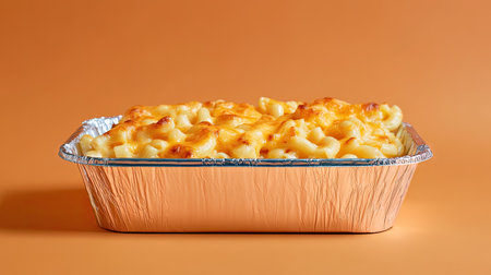 A foil food box containing a comforting takeaway meal of macaroni and cheese, with the lid slightly opened.の素材