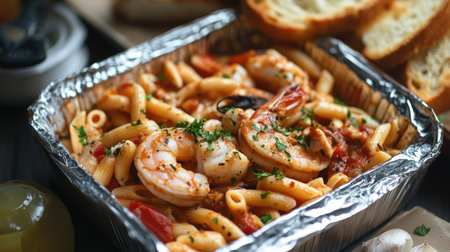 A foil food box with a portion of seafood pasta and garlic bread, freshly packed for a takeaway meal.の素材