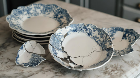 A broken ceramic plate with intricate patterns, cracked into several large pieces on a kitchen counter.の素材