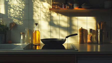 A bottle of sunflower oil pouring a thin stream into a frying pan on a clean and organized kitchen counter.の素材