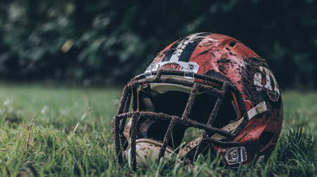 A football helmet with dirt and grass stains, lying on a field after an intense game.の素材