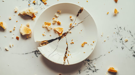 A broken ceramic plate with a dramatic crack running through it, with pieces and crumbs scattered on a clean countertop.の素材