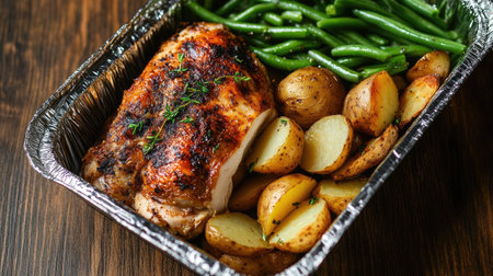 A foil food box with a hearty takeaway meal of roasted chicken, potatoes, and green beans, ready for a delicious lunch.の素材