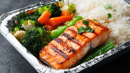 A foil food box with a delicious takeaway meal of grilled salmon, steamed vegetables, and rice, wrapped securely.の素材