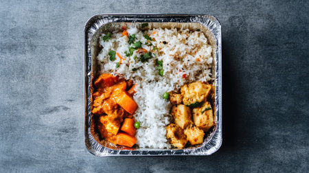 A foil food box filled with a variety of savory takeaway dishes such as curry, rice, and naan, sealed tightly.の素材