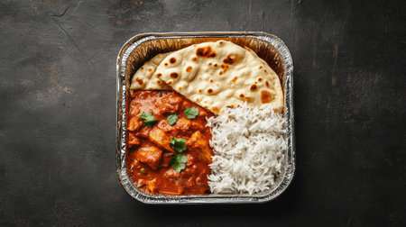 A foil food box with a rich curry dish, rice, and naan bread, served as a takeaway meal for lunch or dinner.の素材