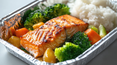A foil food box with a delicious takeaway meal of grilled salmon, steamed vegetables, and rice, wrapped securely.の素材