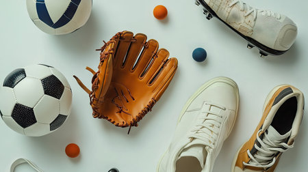 A flat lay of assorted sports equipment including a baseball glove, soccer ball, and running shoes, isolated on white.の素材
