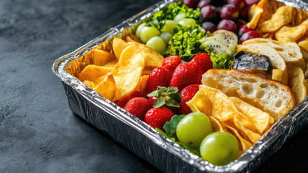 A foil food box packed with a variety of takeaway snacks like sandwiches, chips, and fresh fruit.の素材
