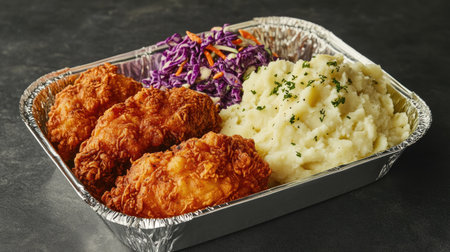 A foil food box with a portion of takeaway fried chicken, coleslaw, and mashed potatoes, sealed and ready to go.の素材