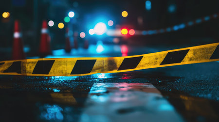 Yellow and black barricade tape surrounding a cordoned-off area at a crime scene with police lights in the distanceの素材