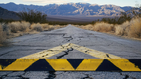 Yellow and black barricade tape blocking a cracked asphalt road with distant mountains in the backgroundの素材