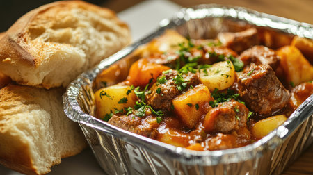 A foil food box containing a hearty stew, with a side of bread, perfect for a warm takeaway meal.の素材