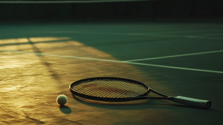 A badminton racket and shuttlecock resting on the court surface, with the empty court and boundary lines in the frame.の素材