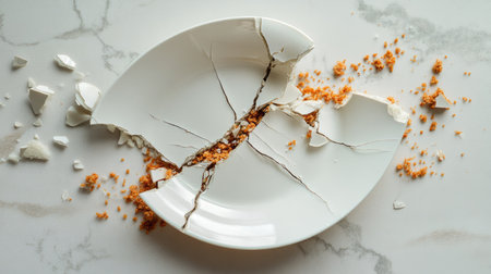 A broken ceramic plate with a dramatic crack running through it, with pieces and crumbs scattered on a clean countertop.の素材