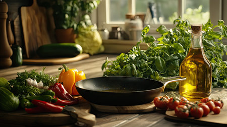 A bottle of organic cooking oil pouring into a ceramic frying pan, surrounded by fresh vegetables on the counter.の素材