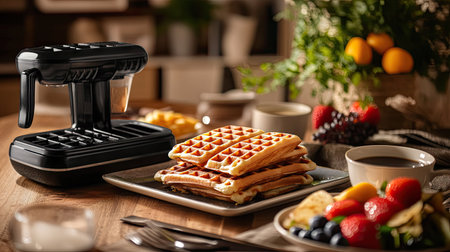 A breakfast spread with a waffle maker, a stack of waffles, coffee, and fresh ingredients arranged beautifully.の素材