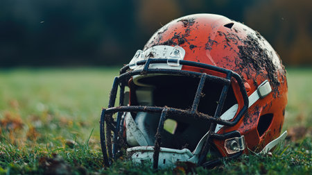 A football helmet with dirt and grass stains, lying on a field after an intense game.の素材