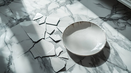 A broken ceramic plate on a marble floor with sharp fragments, creating a sense of disorder in a tidy kitchen.の素材