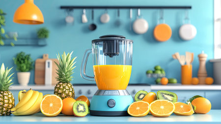 A bright kitchen scene with a blender surrounded by sliced oranges, pineapples, and kiwis ready to be blended.の素材