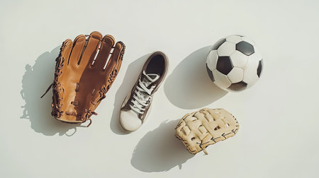 A flat lay of assorted sports equipment including a baseball glove, soccer ball, and running shoes, isolated on white.の素材