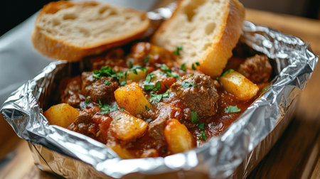 A foil food box containing a hearty stew, with a side of bread, perfect for a warm takeaway meal.の素材