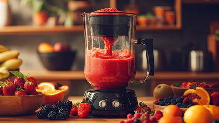 A blender mid-action, creating a swirl of red and orange smoothie while surrounded by fresh fruit bowls.の素材