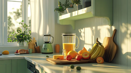 A bright, airy kitchen with a blender full of tropical fruits and a pitcher of fresh juice on the counter.の素材
