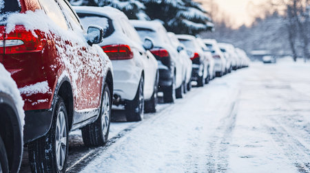 A row of parked cars covered in snow after a heavy storm, with tire tracks visible on the road nearby.の素材