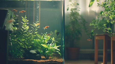 A serene aquarium tank filled with small fish and plants, creating a peaceful, nature-inspired atmosphere in the room.の素材