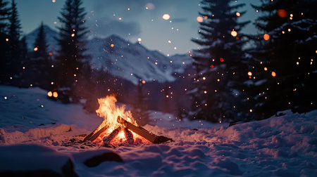 A warm campfire surrounded by untouched snow in a remote alpine forest, with sparks flying into the wintry sky.の素材
