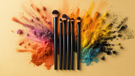 A set of natural bristle makeup brushes surrounded by a vibrant splash of colorful makeup powder on a neutral background.の素材