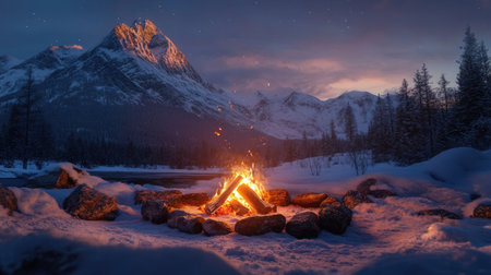 A scenic campfire surrounded by deep snow, with logs carefully arranged around the flames and a snowy mountain in the background.の素材