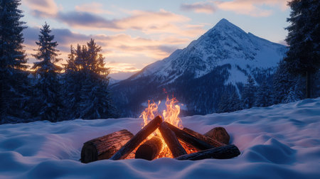A scenic campfire surrounded by deep snow, with logs carefully arranged around the flames and a snowy mountain in the background.の素材