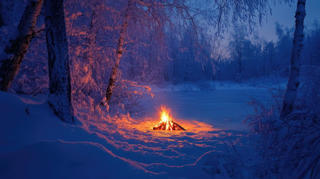 A small campfire in the snow at dusk, with warm light glowing in the icy blue surroundings of a winter forest.の素材