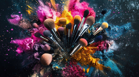 A sleek arrangement of natural bristle brushes surrounded by a colorful explosion of makeup powder in vibrant hues.の素材