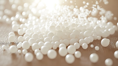 A slow-motion style capture of Styrofoam mini balls scattering outward, with shimmering light creating a dreamy effect.の素材