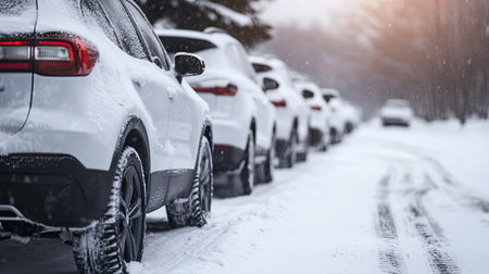 A row of parked cars covered in snow after a heavy storm, with tire tracks visible on the road nearby.の素材