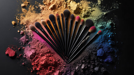 A sleek arrangement of natural bristle brushes surrounded by a colorful explosion of makeup powder in vibrant hues.の素材