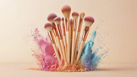 A set of natural bristle makeup brushes surrounded by a vibrant splash of colorful makeup powder on a neutral background.の素材