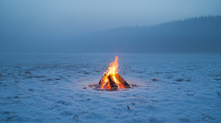 A solitary campfire in the middle of a snow-covered field, with soft orange flames contrasting the icy surroundings.の素材