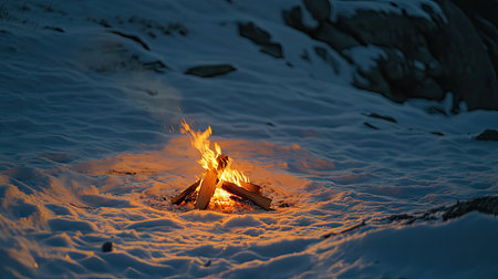 A warm campfire surrounded by untouched snow in a remote wilderness, with soft golden light reflecting on the white surface.の素材