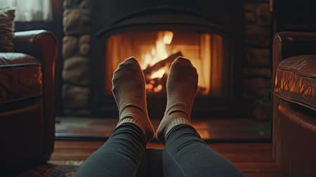 A serene moment captured with a woman's legs in socks, placed comfortably in front of a beautifully crackling fireplace.の素材