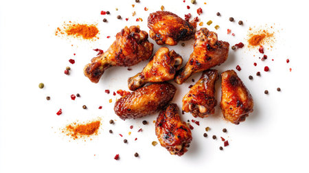A shot of roasted chicken wings seasoned with spices, as the spices fly above, creating an action-packed scene isolated on a white background.の素材