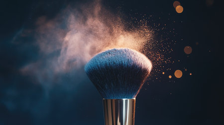 A single makeup brush releasing a fine mist of powder, with colorful particles catching the light on a dark background.の素材