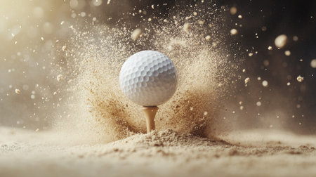 A stunning capture of a golf ball tee explosion, sand particles flying chaotically as the ball takes off.の素材