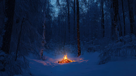 A small campfire in the snow at dusk, with warm light glowing in the icy blue surroundings of a winter forest.の素材